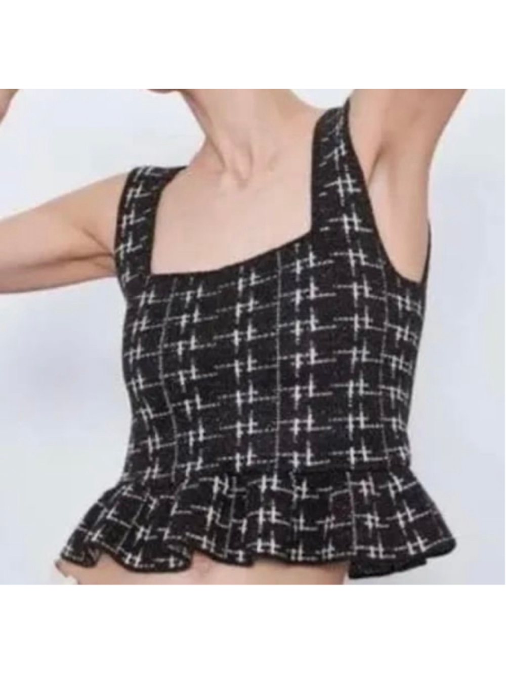 Women's Zara Black and White Plaid Peplum Knit Top, Size L